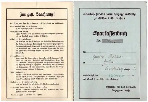 Sparbuch der Sparkasse in Gotha , 1937 - 1944 , Emilia Piehler , Bank !!!