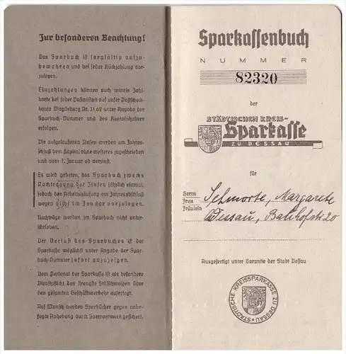 Sparbuch der Sparkasse zu Dessau , 1939 - 1945 , Margarete Schmorte , Bank !!!