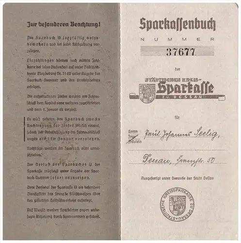 Sparbuch der Sparkasse zu Dessau , 1937 - 1943 , Paul Johannes Seelig , Bank !!!