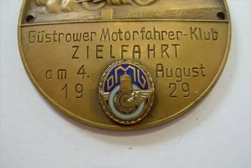 Seltene Plakette Güstrower-Motorfahrer-Klub , Zielfahrt 1929 , MC Güstrow , Motorsport , Speedway , Badge , DMG  !!!