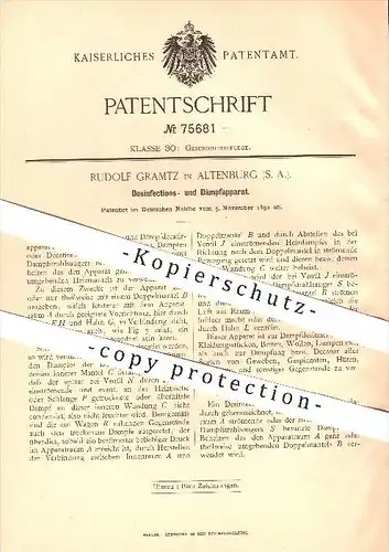 original Patent - R. Gramtz , Altenburg 1892 , Apparat zur Desinfektion u. zum Dämpfen von Gewebe , Betten , Gesundheit