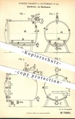 original Patent - R. Gramtz , Altenburg 1892 , Apparat zur Desinfektion u. zum Dämpfen von Gewebe , Betten , Gesundheit