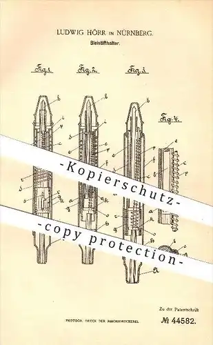 original Patent - Ludwig Hörr in Nürnberg , 1888 , Bleistifthalter , Bleistift , Stift , Stifte , Zeichnen , Schreiben !