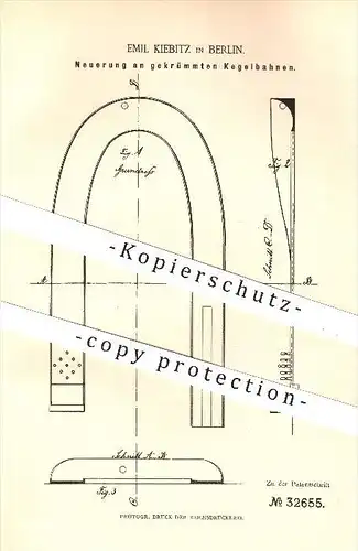 original Patent - Emil Kiebitz in Berlin , 1885 , gekrümmte Kegelbahn , Kegelbahnen , Kegel , Kegeln , Sport , Bowling !