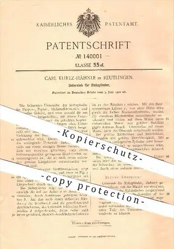 original Patent - C. Kurtz - Hähnle , Reutlingen 1902 , Untersieb für Siebzylinder , Sieb , Papier , Holz , Papierfabrik