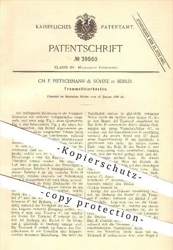 original Patent - Ch. F. Peitschmann & Söhne in Berlin , 1886 , Trommel - Leierkasten , Musik , Musikinstrumente , Leier