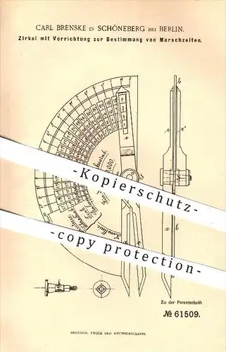 original Patent - Carl Brenske , Berlin - Schöneberg , 1891 , Zirkel zur Bestimmung von Marschzeiten , Kartographie !!