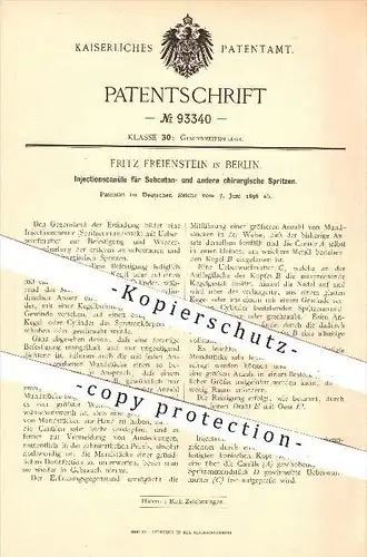 original Patent - F. Freienstein , Berlin 1896 , Injektionskanüle für Spritzen , Spritze , Arzt , Medizin , Kanüle !!!