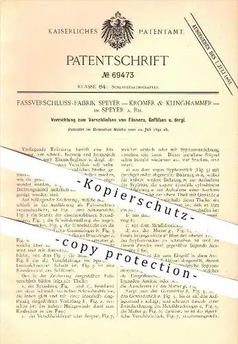 original Patent - Fassverschluss - Fabrik Speyer - Kromer & Klinghammer , 1892 , Verschließen der Fässer , Gefäße , Fass