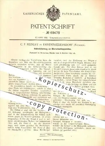 original Patent - C. F. Reinert , Ehrenfriedersdorf , 1892 , Hahnsicherung an Bierschankapparaten , Zapfhahn , Bier !!