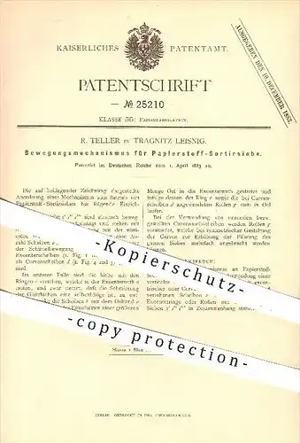 original Patent - R. Teller , Tragnitz - Leisnig 1883 , Papierstoff - Sortiersieb , Sieb , Siebe , Papier , Papierfabrik