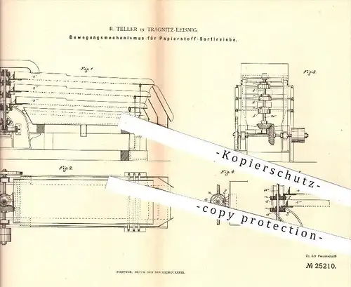 original Patent - R. Teller , Tragnitz - Leisnig 1883 , Papierstoff - Sortiersieb , Sieb , Siebe , Papier , Papierfabrik