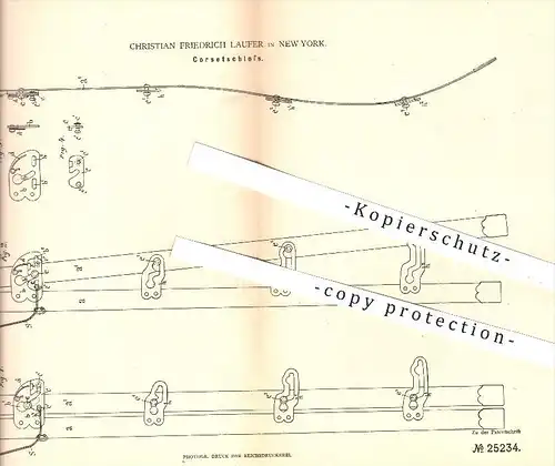 original Patent - C. F. Laufer , New York , USA , 1883 , Schloss für Korsett , Korsetts , Verschluss , Bekleidung , Mode