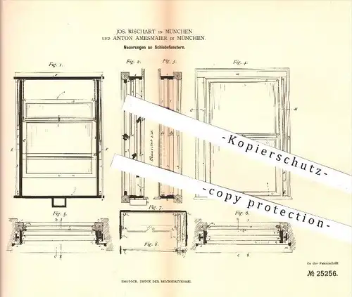 original Patent - J. Rischart , Anton Amesmaier / München , 1883 , Schiebefenster , Fenster , Fensterbau , Fensterbauer
