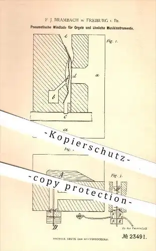 original Patent - F. J. Brambach in Freiburg , 1882 , Pneumatische Windlade für Orgeln u. a. Musikinstrumente , Orgel !!