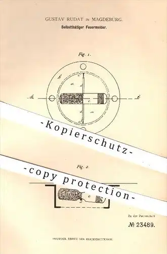 original Patent - G. Rudat , Magdeburg , 1883 , Feuerofen , Ofen , Feuermelder , Feuerwehr , Signalwesen , Brandschutz !