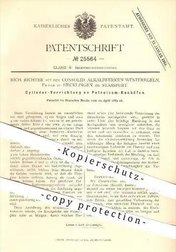 original Patent - R. Richter , Konsolid. Alkaliwerke Westeregeln , Hecklingen , 1883 , Petroleum - Kochofen , Ofen !!