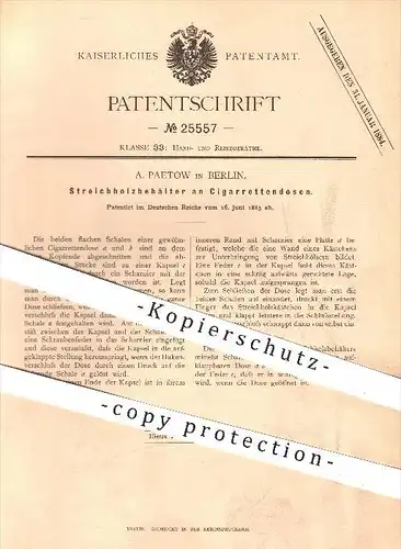 original Patent - A. Paetow in Berlin , 1883 , Streichholzbehälter an Zigarettendosen , Streichhölzer , Zündhölzer !!!
