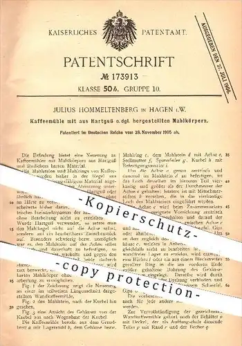 original Patent - J.Hommeltenberg , Hagen , 1905 , Kaffeemühle mit Mahlkörper aus Hartguss , Mühle , Mühlen , Kaffee !!!
