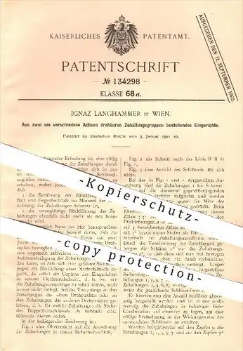 original Patent - Ignaz Langhammer , Wien , 1901, Eingerichte , Schloss , Türschloss , Schlüssel , Schlösser , Schlosser