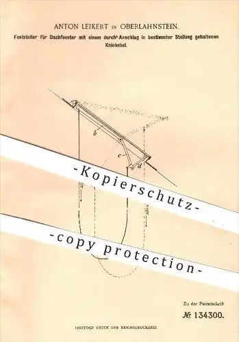 original Patent - Anton Leikert , Oberlahnstein , 1901 , Feststeller am Dachfenster mit Kniehebel , Fenster , Fensterbau