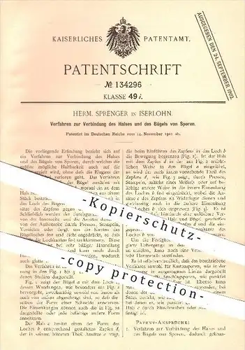 original Patent - Herm. Sprenger in Iserlohn , 1901 , Verbinden von Hals und Bügel bei Sporen , Formen , Pressen !!!