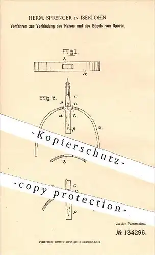 original Patent - Herm. Sprenger in Iserlohn , 1901 , Verbinden von Hals und Bügel bei Sporen , Formen , Pressen !!!