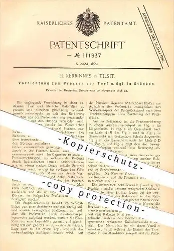 original Patent - H. Kerrinnes in Tilsit , 1898 , Pressen von Torf in Stücken , Presse , Formen , Torfmasse !!!