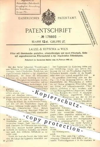 original Patent - Latzel & Kutscha in Wien , 1905 , Filter , Sieb , Sieben , Filtrieren von Flüssigkeiten , Filtertuch