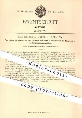 original Patent - Eduard Ahlborn in Hildesheim , 1900 , Austritt von Gas an Kompressoren von Kälteerzeugungsmaschinen !