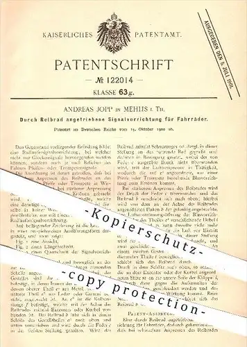 original Patent - Andreas Jopp in Mehlis , 1900 , Durch Reibrad angetriebene Signalvorrichtung für Fahrräder , Fahrrad !