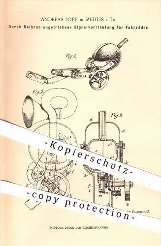 original Patent - Andreas Jopp in Mehlis , 1900 , Durch Reibrad angetriebene Signalvorrichtung für Fahrräder , Fahrrad !