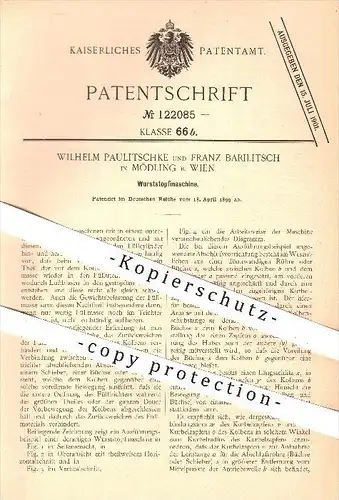 original Patent - Wilh. Paulitschke , F. Barilitsch , Mödling , Wien , 1899 , Wurststopfmaschine , Wurst , Schlachterei