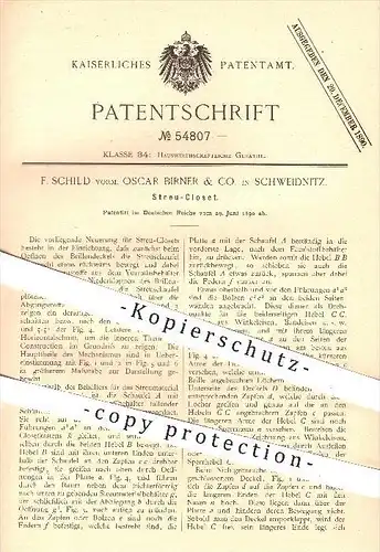 original Patent - F. Schild , Oscar Birner & Co. , Schweidnitz , 1890, Streu - Kloset , Closet , WC , Toilette , Sanitär