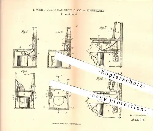 original Patent - F. Schild , Oscar Birner & Co. , Schweidnitz , 1890, Streu - Kloset , Closet , WC , Toilette , Sanitär