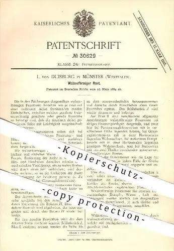 original Patent - L. von Duisburg in Münster , 1884 , Walzenförmiger Rost , Feuerrost , Feuerung , Ofen , Öfen , Ofenbau