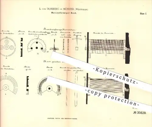 original Patent - L. von Duisburg in Münster , 1884 , Walzenförmiger Rost , Feuerrost , Feuerung , Ofen , Öfen , Ofenbau