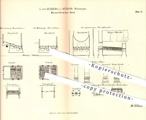 original Patent - L. von Duisburg in Münster , 1884 , Walzenförmiger Rost , Feuerrost , Feuerung , Ofen , Öfen , Ofenbau