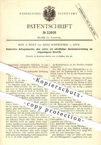 original Patent - Max A. Wolf & H. Schürhuber , Wien , 1882 , Schuhsohlen - Aufnagelmaschine , Schuh , Schuhe , Schuster