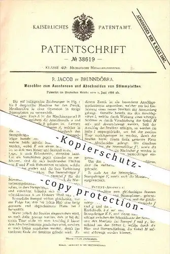 original Patent - R. Jacob , Brunndöbra , 1886 , Ausstanzen u. Abschneiden von Stimmplatten , Metall , Metallbearbeitung