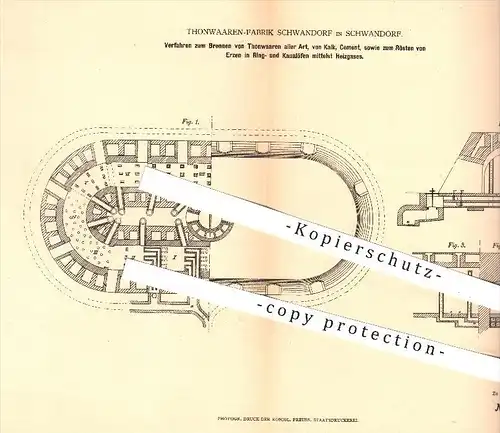 original Patent - Tonwaren - Fabrik Schwandorf , 1878 , Brennen von Tonwaren , Rösten von Erzen mittels Heizgas , Ofen !