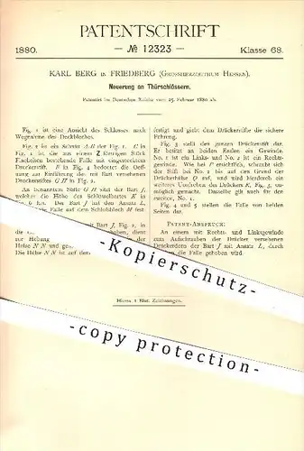 original Patent - Karl Berg in Friedberg , 1880 , Türschlösser , Türschloss , Schloss , Schlösser , Tür , Schlosser !!
