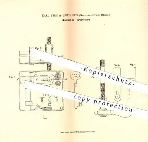 original Patent - Karl Berg in Friedberg , 1880 , Türschlösser , Türschloss , Schloss , Schlösser , Tür , Schlosser !!