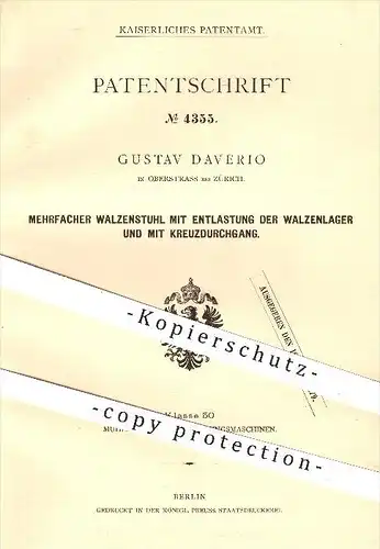 original Patent - Gustav Daverio in Oberstrass bei Zürich , 1877 , Walzenstuhl mit Entlastung der Walzenlager , Mühlen !