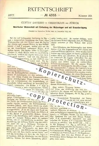 original Patent - Gustav Daverio in Oberstrass bei Zürich , 1877 , Walzenstuhl mit Entlastung der Walzenlager , Mühlen !