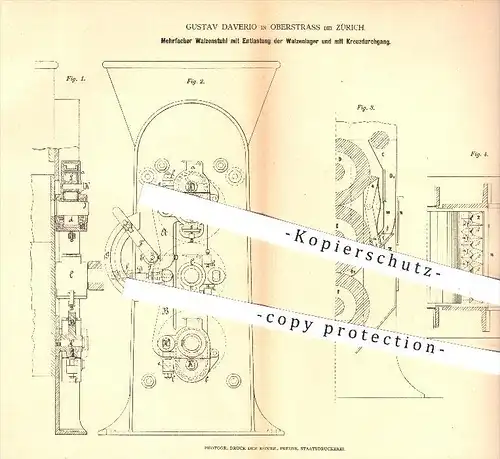 original Patent - Gustav Daverio in Oberstrass bei Zürich , 1877 , Walzenstuhl mit Entlastung der Walzenlager , Mühlen !