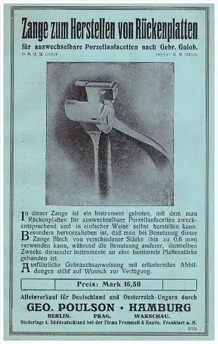 original Werbung - 1913 - G. Poulson in Hamburg , Zange für Zahnarzt , Stomatologe , Zähne , Dental !!!