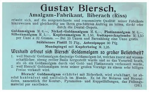 original Werbung - 1913 - Gustav Blersch in Biberach a. Riss , Amalgam , Zahnarzt , Stomatologe , Zähne , Dental !!!