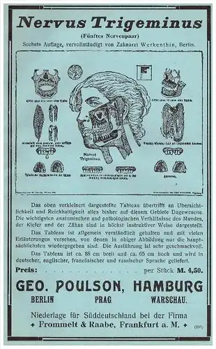 original Werbung - 1913 - G. Poulson in Hamburg , Nervus Trigeminus , Zahnarzt , Stomatologe , Zähne , Dental !!!