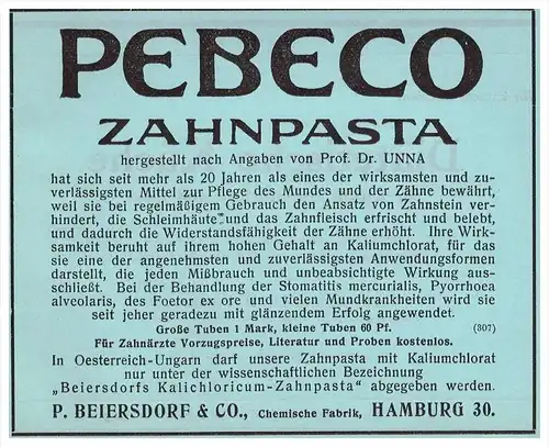 original Werbung - 1913 - PEBECO Zahnpasta , Beiersdorf in Hamburg , Zahnarzt , Stomatologe , Zähne , Dental !!